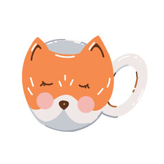 Cute cup in the shape of a fox head. Vector flat illustration isolated on white background. Cozy autumn mug. Mug with an animal.