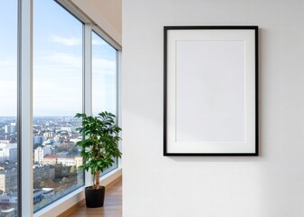Obraz premium Modern Interior with Blank Frame and City View Showcase Your Art