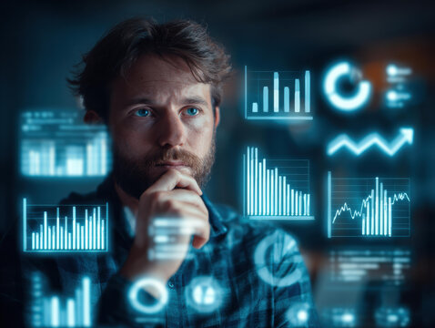 Thoughtful professional man and data analyst looking at futuristic interface dashboard with charts and graphs, focused on big data analytics, business strategy and finance