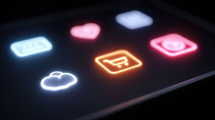 Glowing neon icon on smartphone screen for an online shopping app. Engaging technology interface for social connection and e commerce shows luminous digital symbols