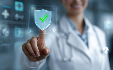 Smiling doctor uses futuristic healthcare technology, touching digital screen icon for medical insurance protection and data security, ensuring quality patient care