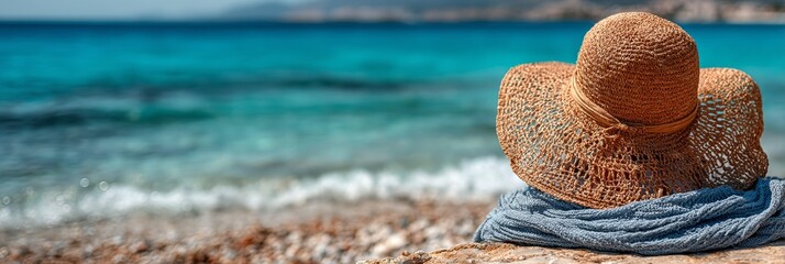 Relaxing by the Mediterranean Sea A Sun-Drenched Seascape with Straw Hat and Turquoise Waves