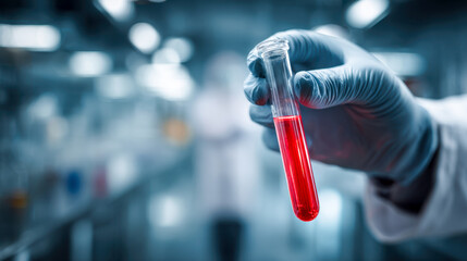 Scientist wearing protective gloves holding a test tube filled with red liquid in a modern laboratory setting focused on research and experimentation