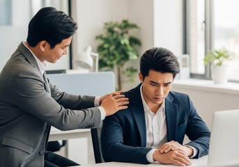 Supportive Coworker Moment: Compassion in the Workplace- A caring colleague comforts a worried coworker at his desk, symbolizing empathy, understanding, and emotional support in business.