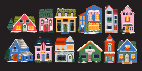 Big set of winter festive Christmas houses in cartoon groovy style with decorations, wreaths, snow, garland, Christmas tree and bow. Cozy winter outside retro house interior vector collection © luamor
