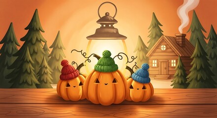 Three cute pumpkins wearing knitted hats in a cozy forest setting