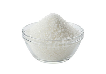 Isolated glass bowl filled with granulated sugar, a staple ingredient for baking or cooking