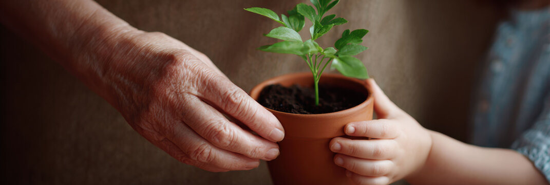 Senior adult and child hand holding small green plant in pot together. beautiful moment showing love, care, family, generation, growth, and hope for future