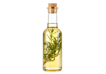 Isolated infusion of fresh rosemary in a glass bottle with cork stopper for salad dressing
