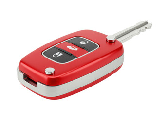 Isolated red car key fob with silver trim on a neutral background, security, vehicle