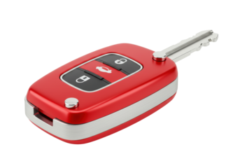Isolated red car key fob with silver trim on a neutral background, security, vehicle