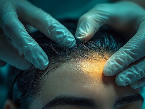 Hair Transplant Procedure  Close up of Scalp and Gloved Hands - Powered by Adobe