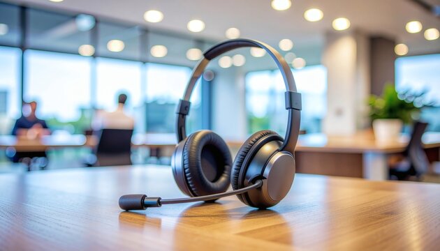 Professional headset with microphone resting on a wooden desk in a modern open-plan office setting, symbolizing remote work, online communication, and efficient business operations