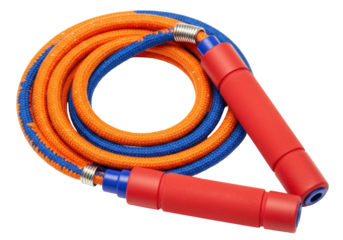 Isolated jump rope with red handles and braided orange and blue rope on neutral surface