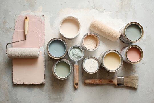  paint rollers and open paint cans