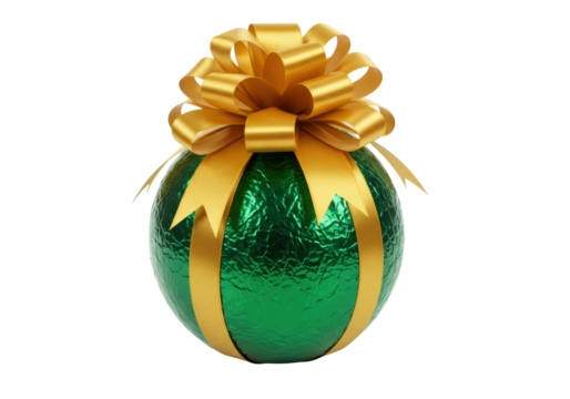 Isolated Green Christmas Ornament Ball With Shiny Gold Ribbon and Bow Decoration - Powered by Adobe