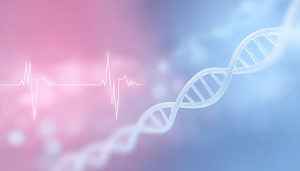 Futuristic DNA helix and cardiogram heartbeat on an abstract pink and blue background. science and medicine concept representing life, genetics, and healthcare innovation
