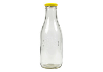 Isolated vintage style clear glass milk bottle with a yellow cap on a neutral background