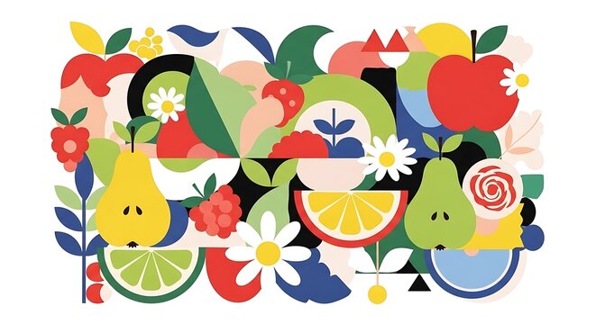 Vibrant Abstract Fruit and Floral Illustration with Geometric Shapes.