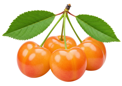 Isolated Ranier Cherries bunch with stems and leaves, fresh stone fruit on no background