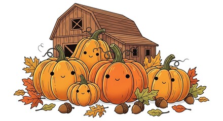 Happy cartoon pumpkins with a barn and autumn leaves