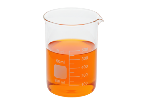 Isolated beaker with orange liquid chemical. Glass flask filled with solution in science lab