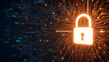 “Glowing digital lock icon on dark circuit background, cybersecurity and data protection concept, copy space.