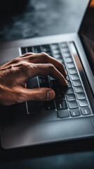 Typing on a laptop keyboard in a dimly lit workspace during the evening hours