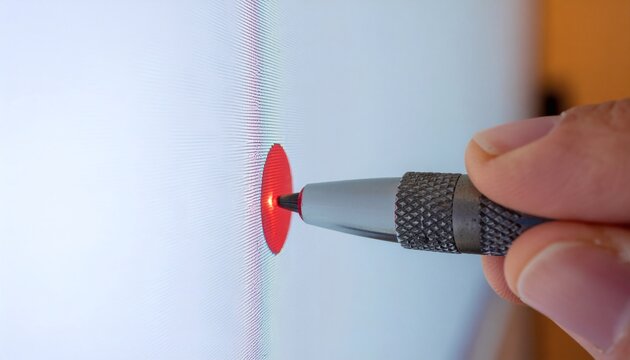 Close-up of a stylus tip illuminating a red spot on a white surface, illustrating digital interaction - Powered by Adobe