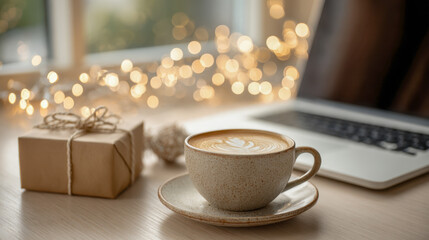 Warm latte art coffee cup on a wooden desk with decorative lights, wrapped gift box, and laptop for cozy work from home atmosphere