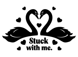 Elegant graphic of black swans forming a heart with necks, adorned with hearts, signifying unwavering love and devotion