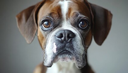 Charming Boxer Dog Portrait with Gentle Eyes and Playful Expression on Clean Gray Background