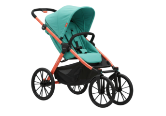 Isolated mint-colored baby stroller with orange frame, side view, for infants and toddlers