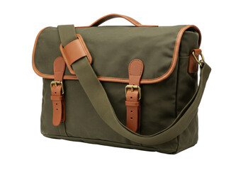 Isolated olive-green canvas messenger bag, brown leather trim, single strap, brass hardware, satchel