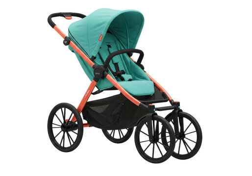 Isolated mint-colored baby stroller with orange frame, side view, for infants and toddlers