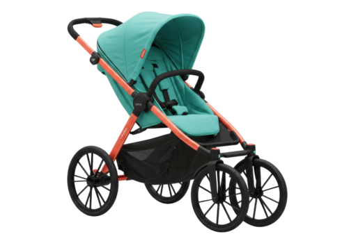 Isolated mint-colored baby stroller with orange frame, side view, for infants and toddlers