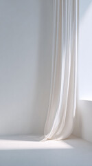 Fototapeta premium Serene white room corner with sheer curtain blowing by window. Morning sunlight casts soft light and shadow on floor, creating calm and peaceful minimalist interior