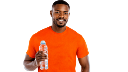 Black man smiling holding water bottle isolated white background