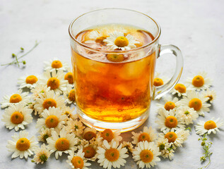 Glass mug of herbal tea surrounded by fresh chamomile flowers