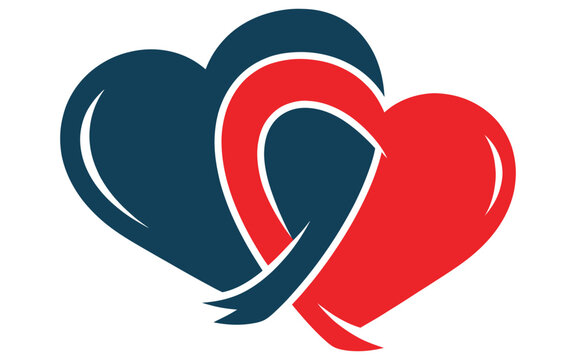 A graphic of two hearts one red and one blue intertwined