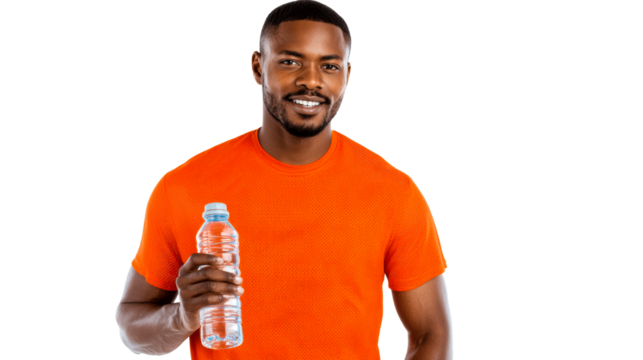 Black man smiling holding water bottle isolated white background - Powered by Adobe
