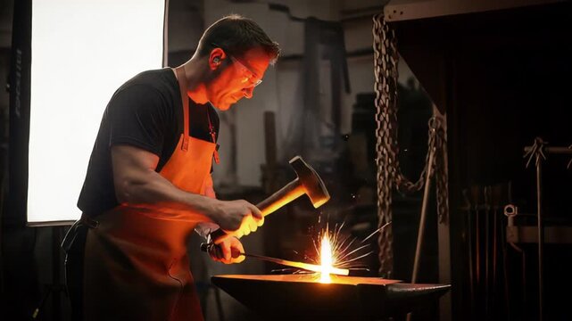 Blacksmith working with hammer and anvil in a workshop.