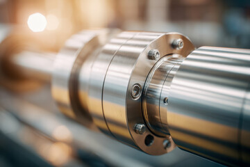 Precision machined metal shaft component with bolted flanges showcasing industrial engineering and mechanical manufacturing craftsmanship in close-up view
