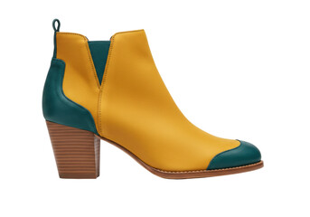 Isolated woman's leather ankle boot in mustard and teal, stylish heeled chelsea shoe footwear