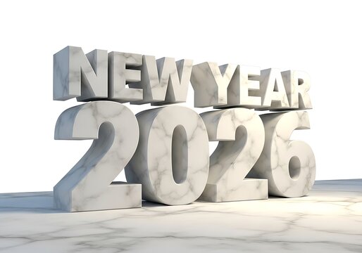 A 3D illustration of the words 'New Year 2026' in bold, white marble letters on a reflective surface.