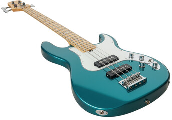 Isolated Turquoise Electric Bass Guitar, Musical Instrument with Neck and Chrome Hardware