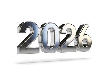 Shiny chrome-like 2026 numerals isolated on a clean white background, representing the future.