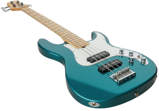 Isolated Turquoise Electric Bass Guitar, Musical Instrument with Neck and Chrome Hardware
