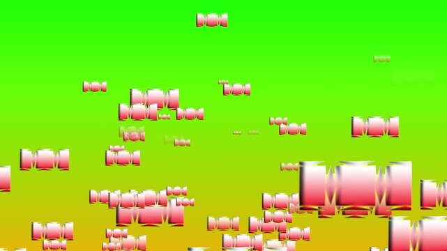 Pink and green glossy objects floating in digital 3D motion over neon backdrop