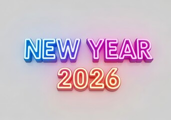 Vibrant neon text displaying "NEW YEAR 2026" with a gradient of blue, pink, and orange hues against a plain, light background.
